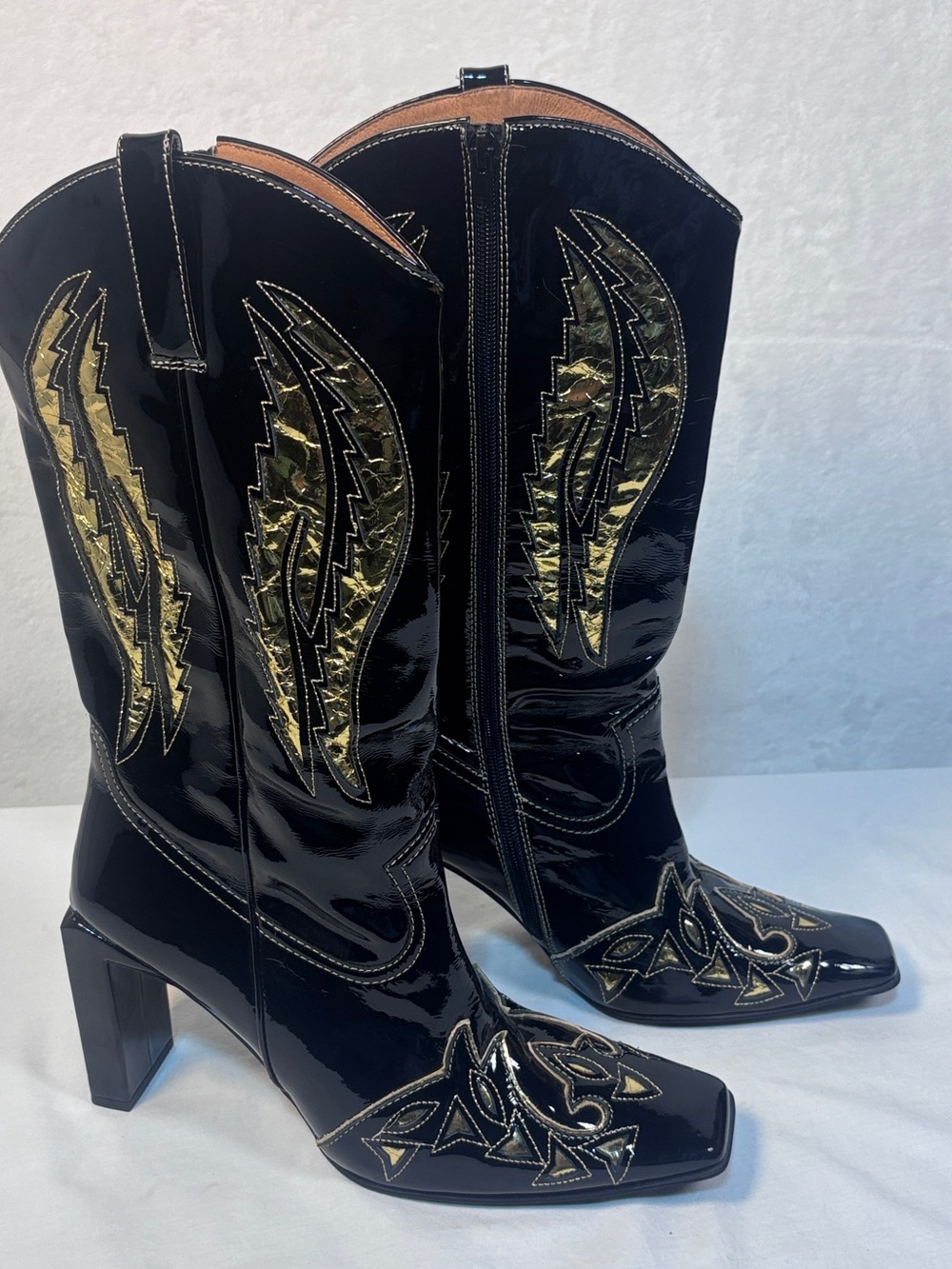 RARE Jeffrey Campbell Amigos Black Gold Patent Western Boots Size 11